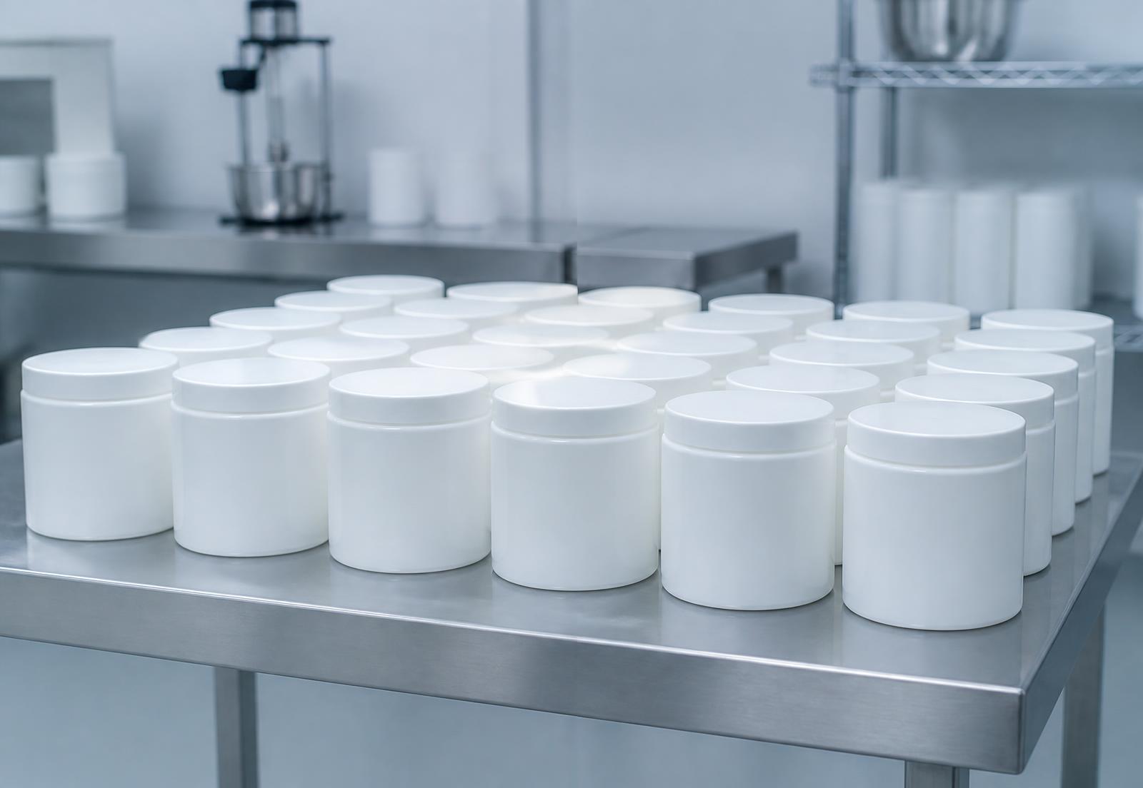 Rows of plain white containers on a stainless bench — illustrative small-batch imagery