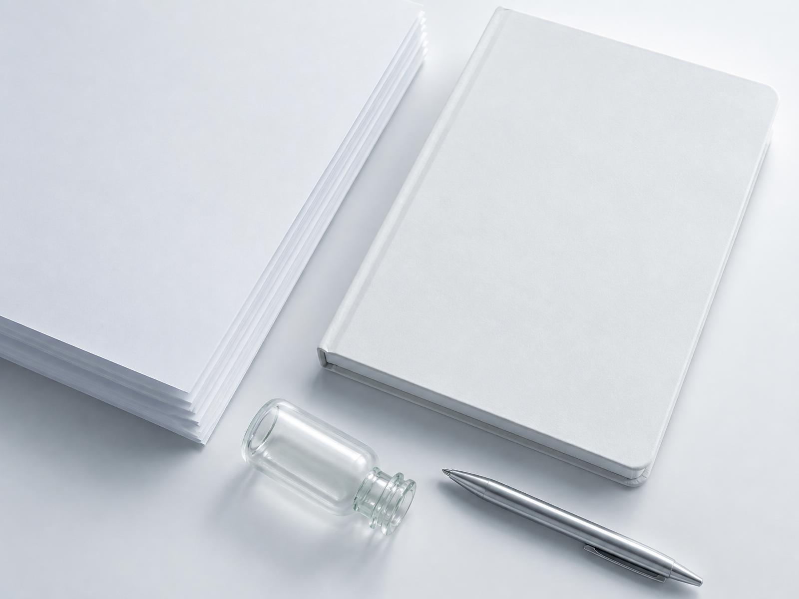 Plain paper, a closed notebook and an empty glass vial — illustrative imagery